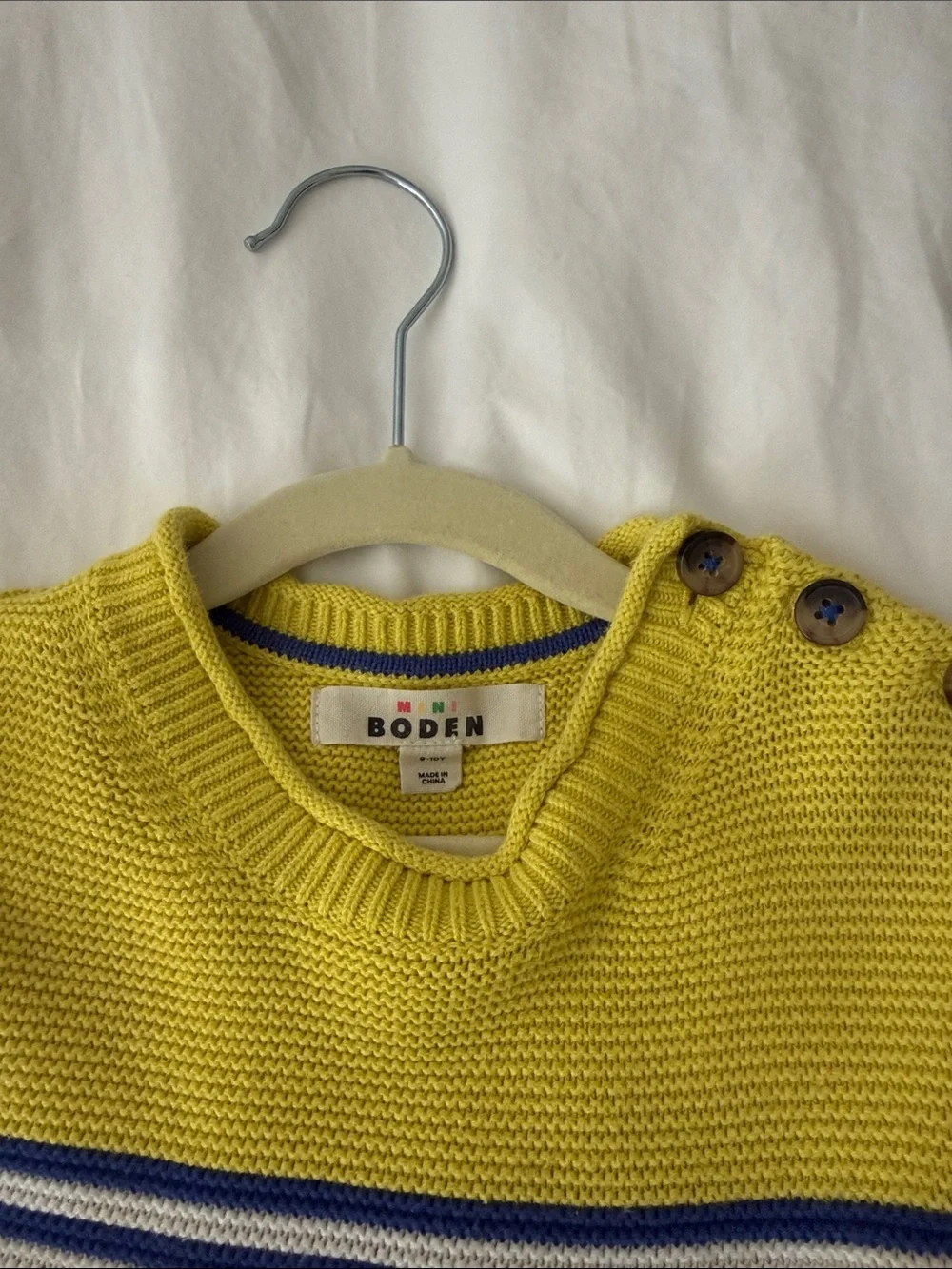 Mini Boden Yellow and Navy Striped Knit Sweater with Button Shoulder